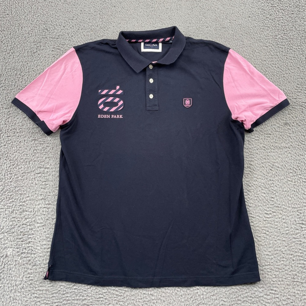 Eden Park Polo Shirt Mens XL Navy Pink Contrast Sleeve Embroidered Logo Cotton
